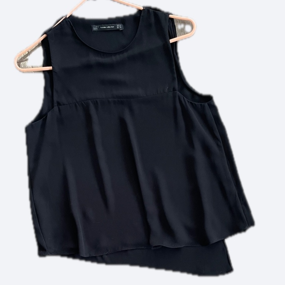 Zara Trafaluc Black Asymmetric Sleeveless Top Semi Sheer Slit Shoulder Medium